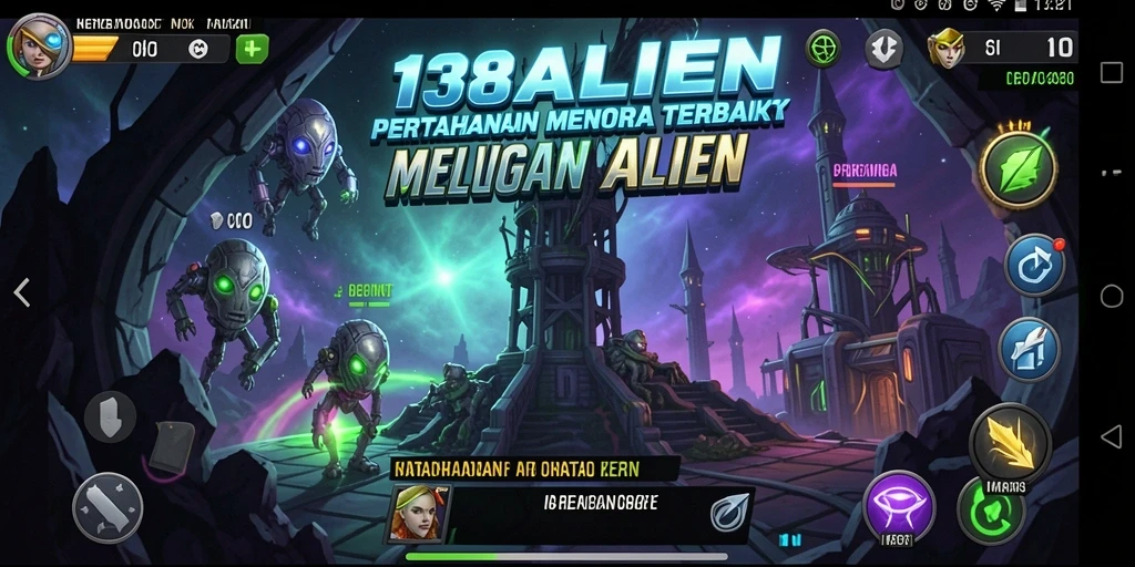 Tampilan gameplay <strong>138ALIEN</strong> yang menegangkan dalam pertempuran menara melawan alien.