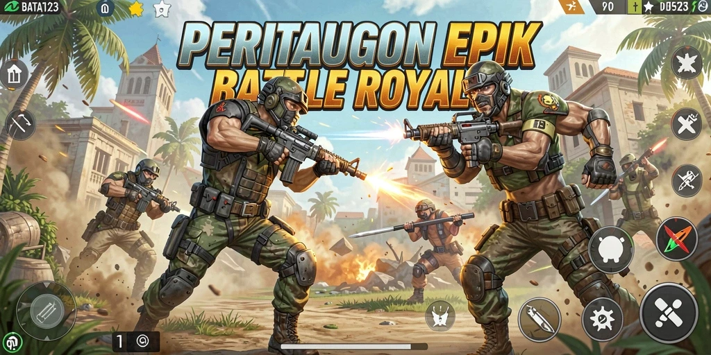 Tangkapan layar utama BATA123 menunjukkan aksi pertarungan yang seru dalam atmosfer Battle Royale.