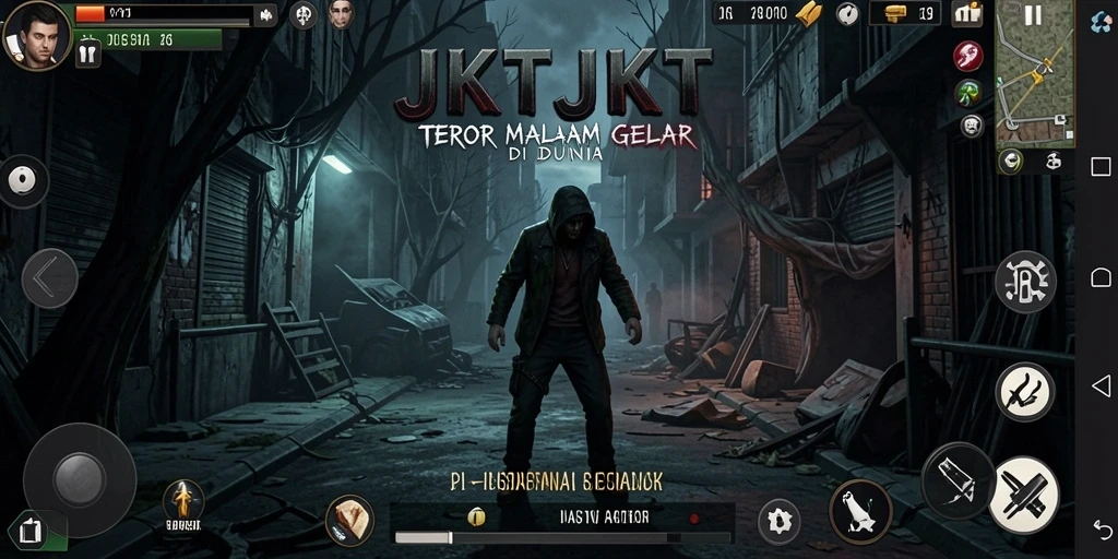 Tampilan gameplay yang menakutkan dalam JKTJKT saat menjelajahi kegelapan.
