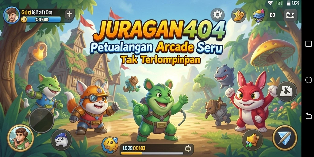 Screenshot menampilkan gameplay JURAGAN404 dengan suasana yang ceria dan penuh warna.