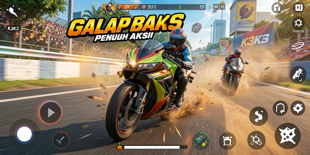 Tampilan gameplay seru di K3K3 saat balapan motor.