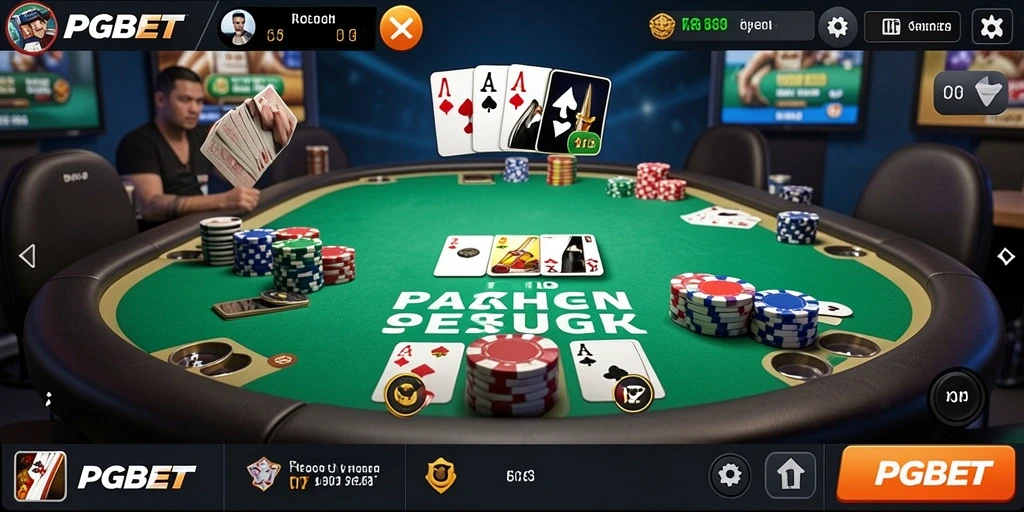 Tampilan gameplay menegangkan dan seru saat bermain Poker di PGBET.