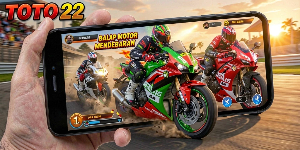 Screenshot utama TOTO22 menampilkan aksi balap motor yang mendebarkan.